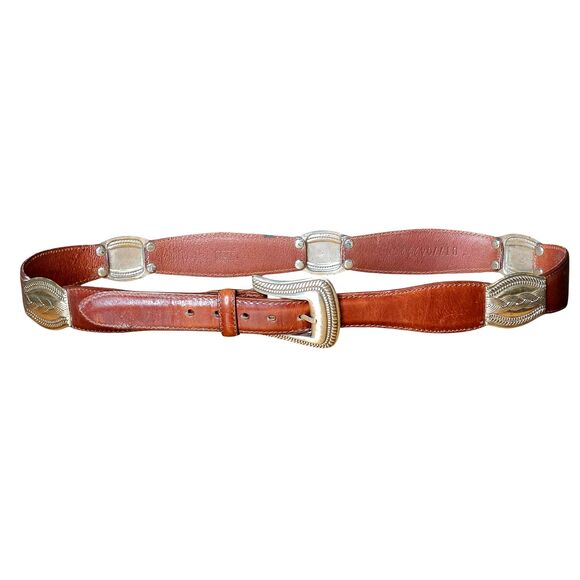 Fossil Leather Belt Women Neutral Tan Size XL Silverplated Santa Fe Style - Picture 1 of 13